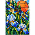 Completed stained glass dragonfly and iris diamond painting.