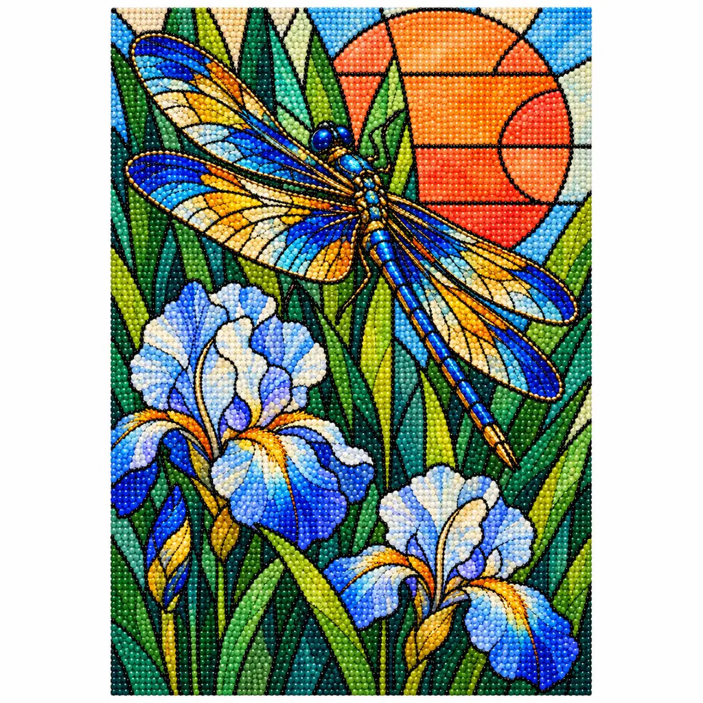 Completed stained glass dragonfly and iris diamond painting.