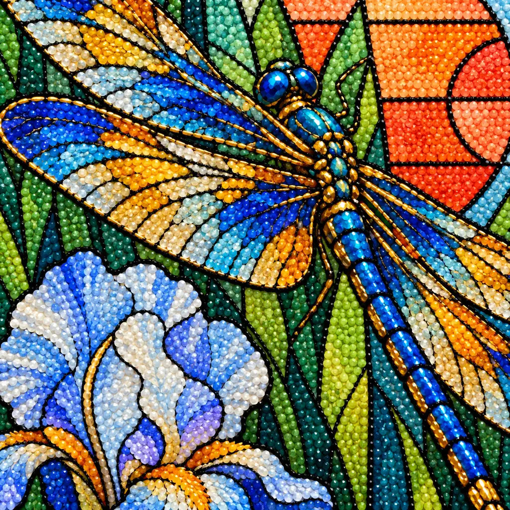Close-up of diamond drills on the stained glass dragonfly wings and irises.