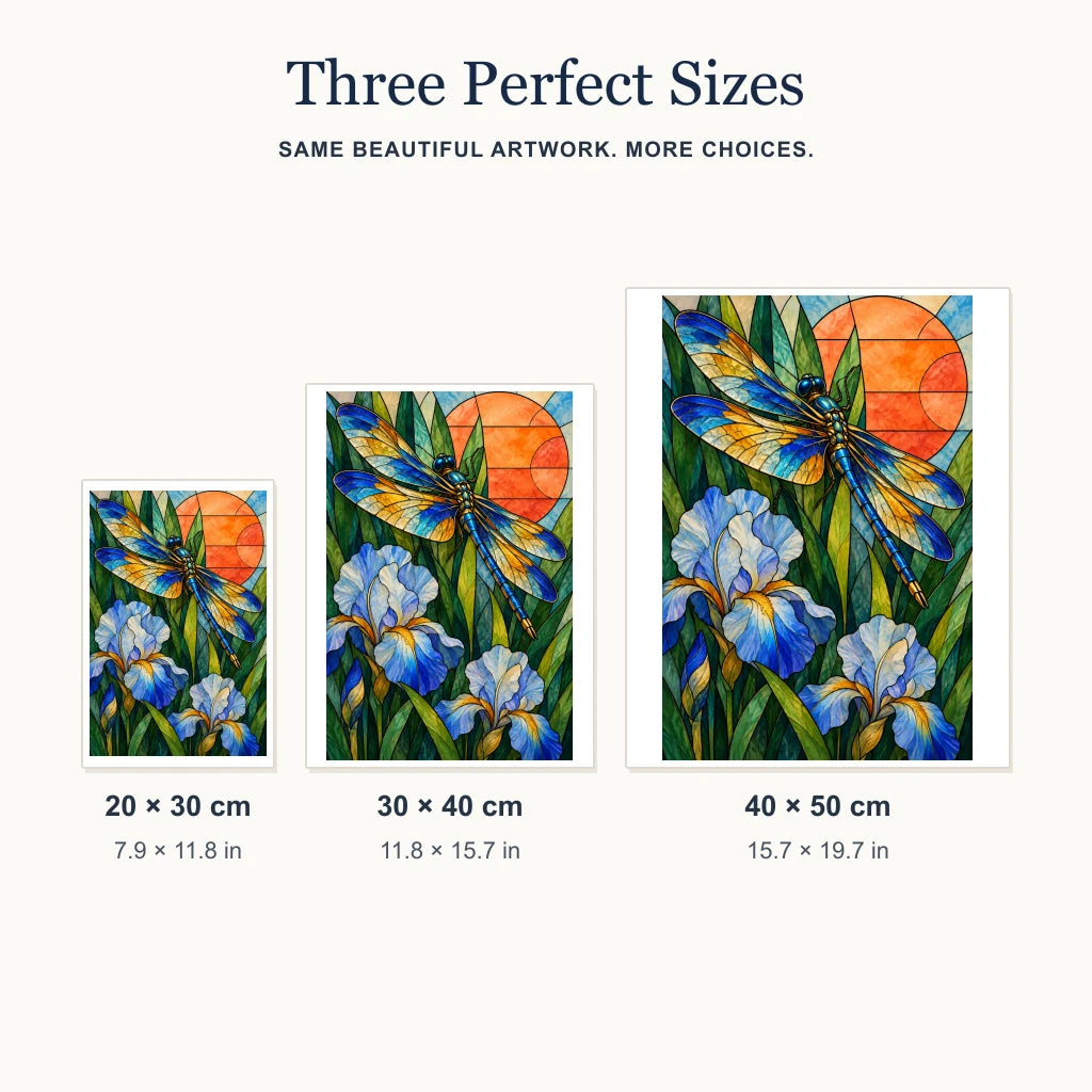 Size guide for the stained glass dragonfly and iris design in three portrait sizes.
