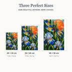 Size guide for the stained glass dragonfly and iris design in three portrait sizes.