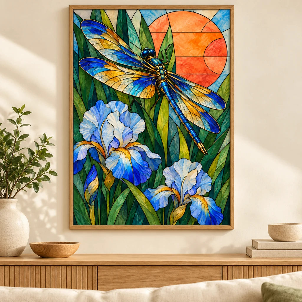 Framed dragonfly and iris diamond painting displayed in a bright home.