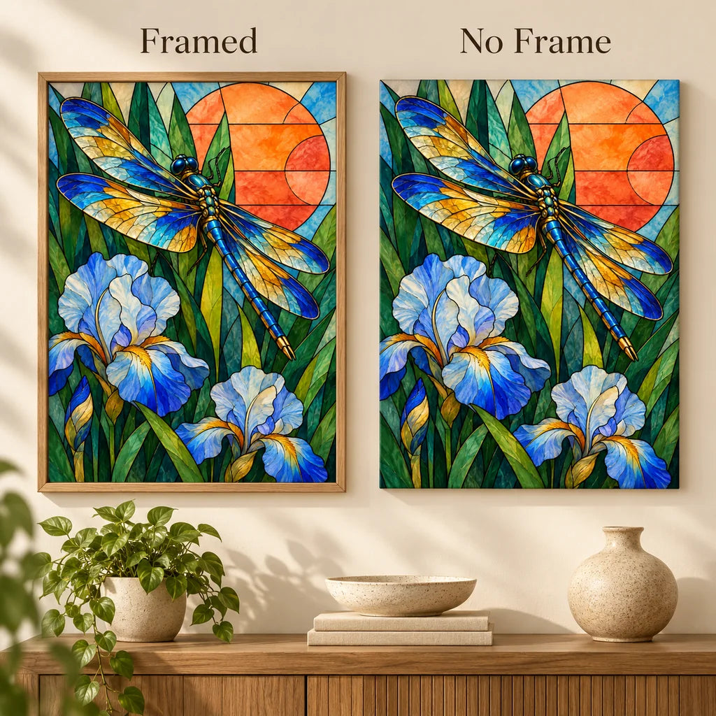 Framed and no-frame options for the stained glass dragonfly diamond painting.