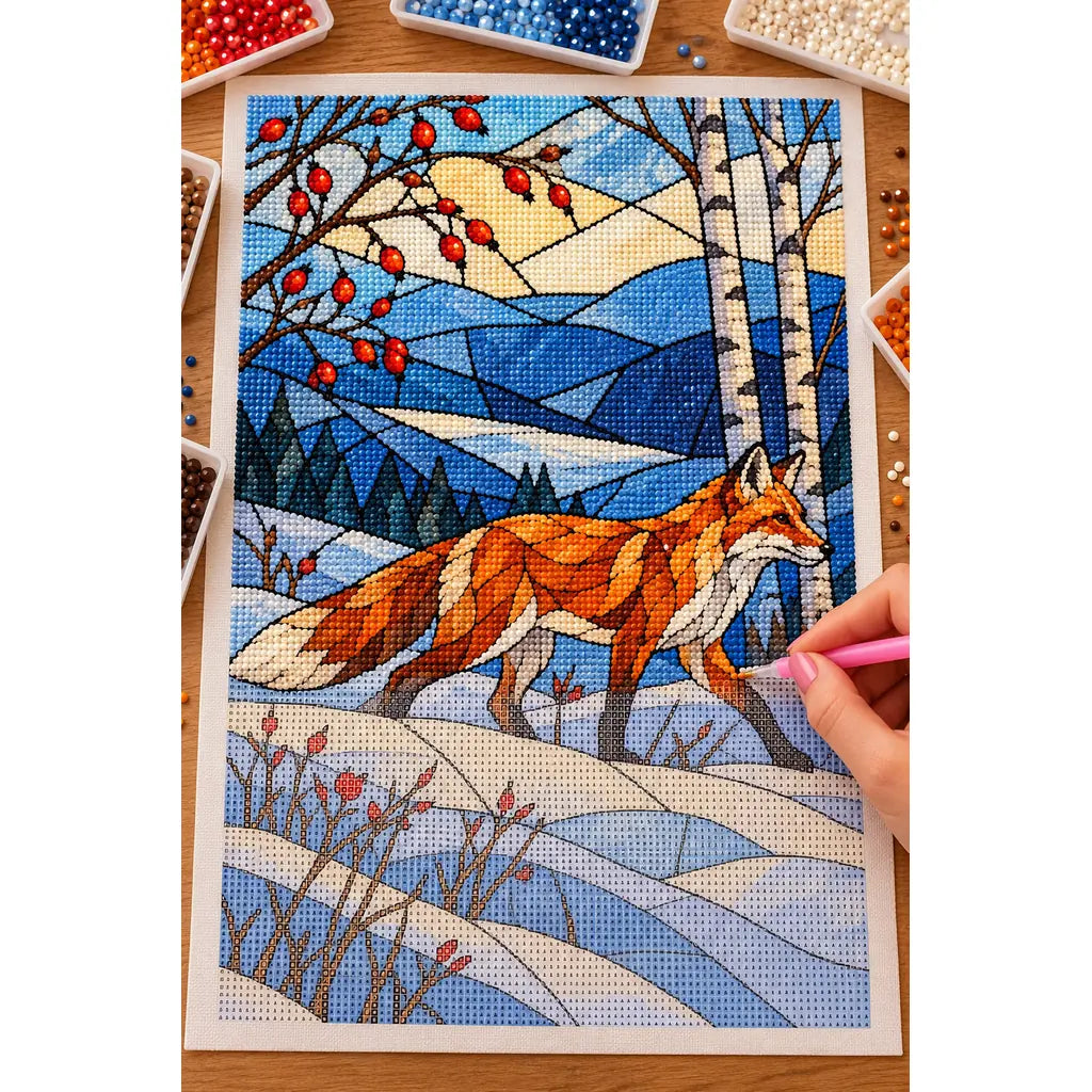 Hands placing drills on the stained glass fox in a snowy forest diamond painting