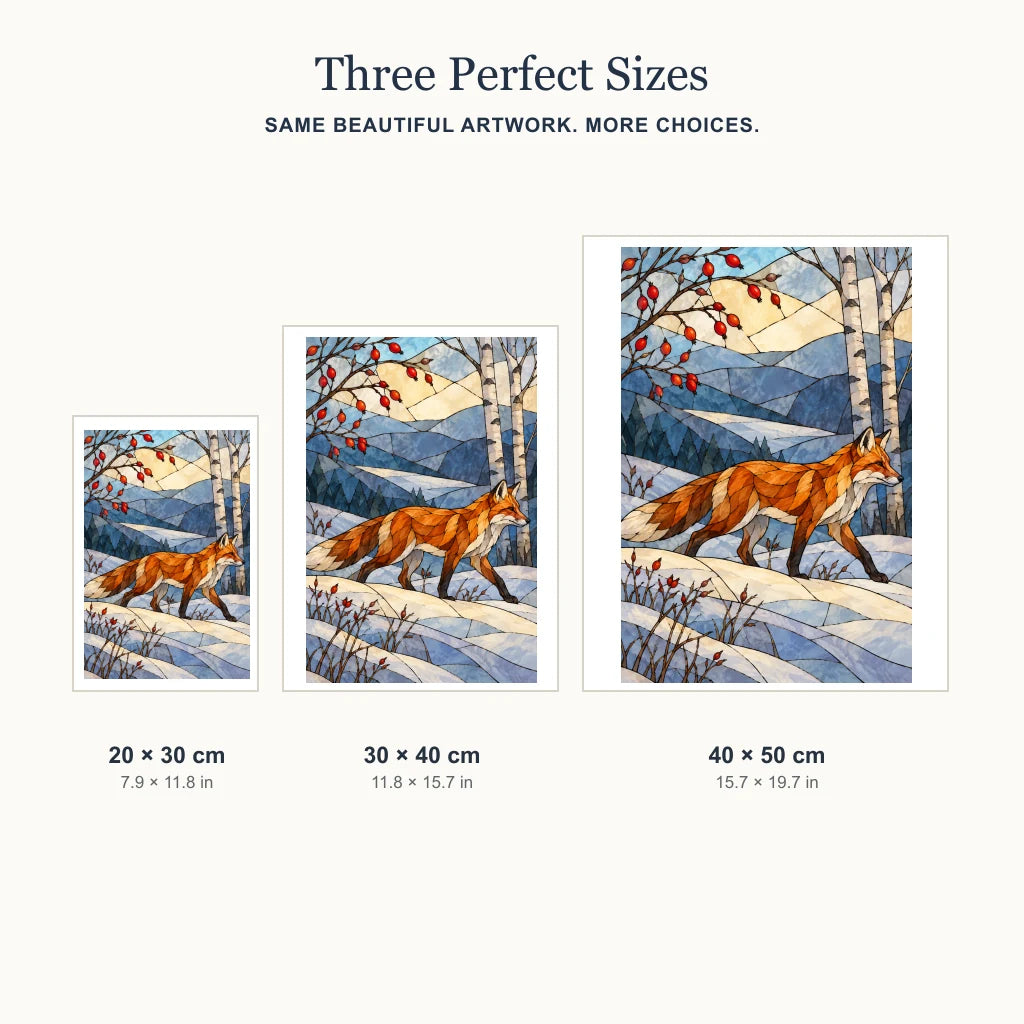 Stained glass fox diamond painting shown in 20 by 30, 30 by 40, and 40 by 50 cm sizes