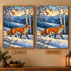 Framed and no-frame options for the stained glass fox snowy forest diamond painting