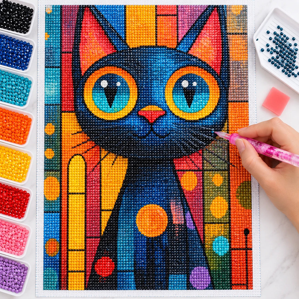 Stained Glass Blue Cat Diamond Painting Kit finished white-background