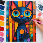 Stained Glass Blue Cat Diamond Painting Kit finished white-background
