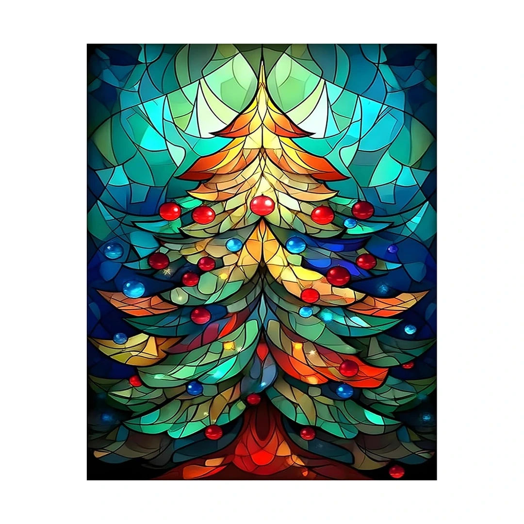 Stained Glass Christmas Tree Diamond Painting Kit original artwork on white background