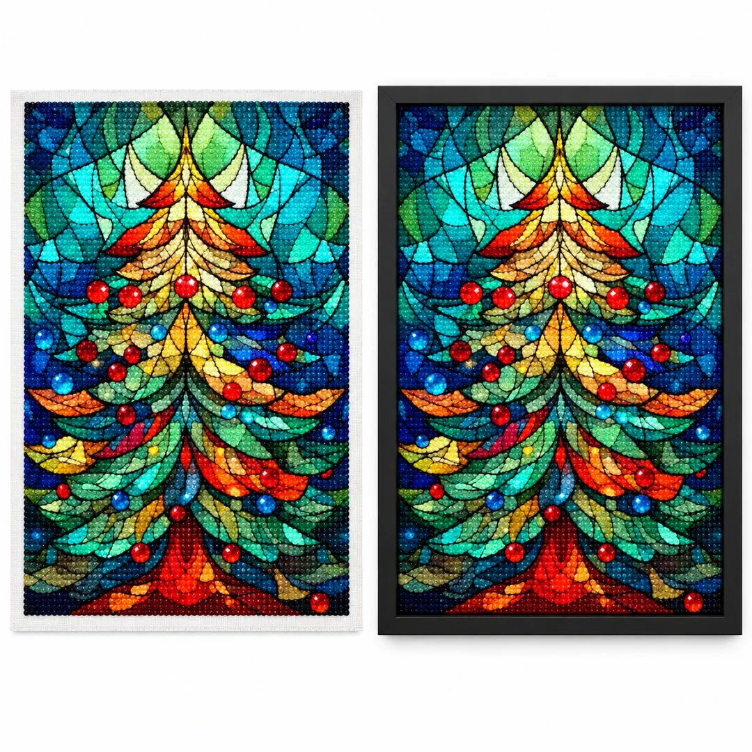 Stained Glass Christmas Tree Diamond Painting Kit frame comparison