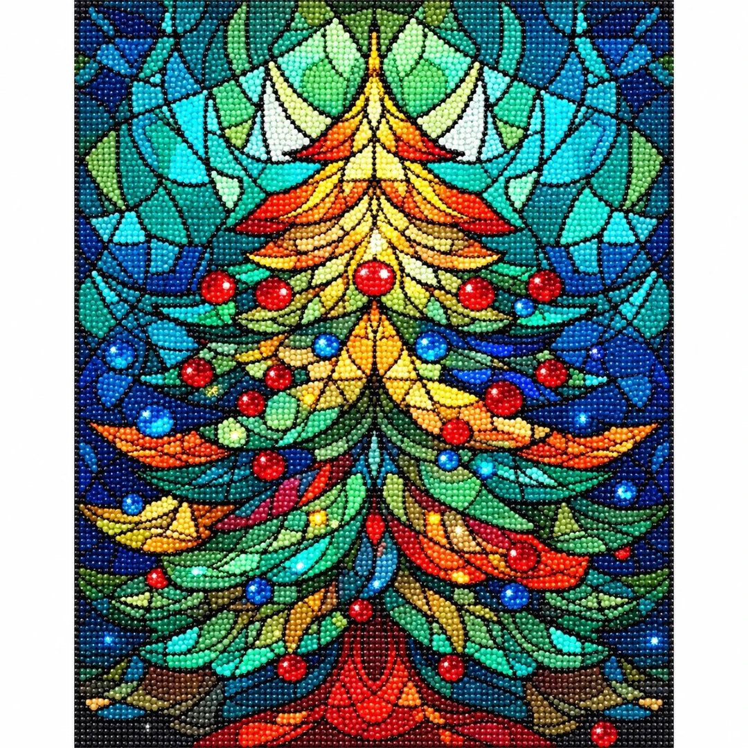 Stained Glass Christmas Tree Diamond Painting Kit finished diamond artwork on white background
