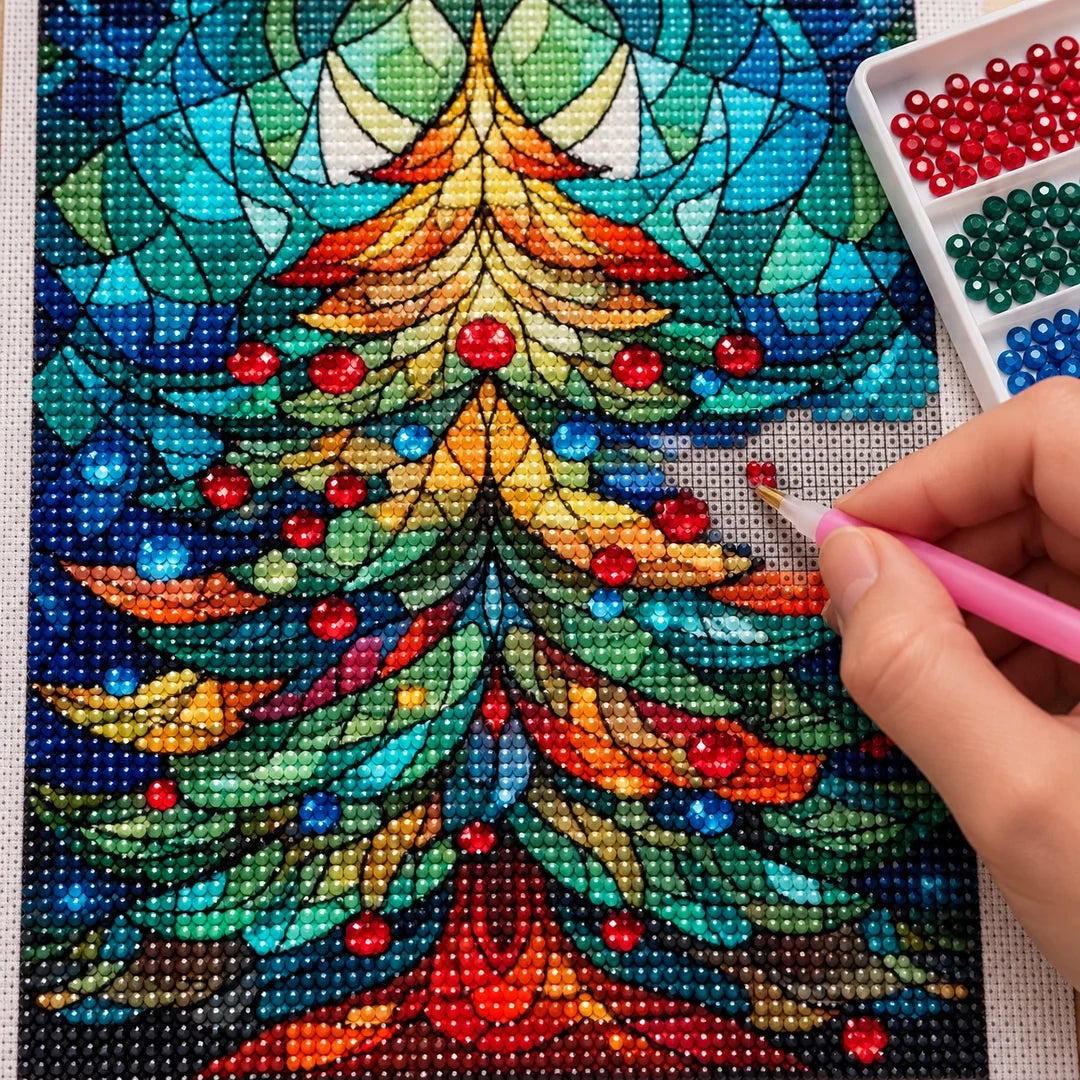 Stained Glass Christmas Tree Diamond Painting Kit process