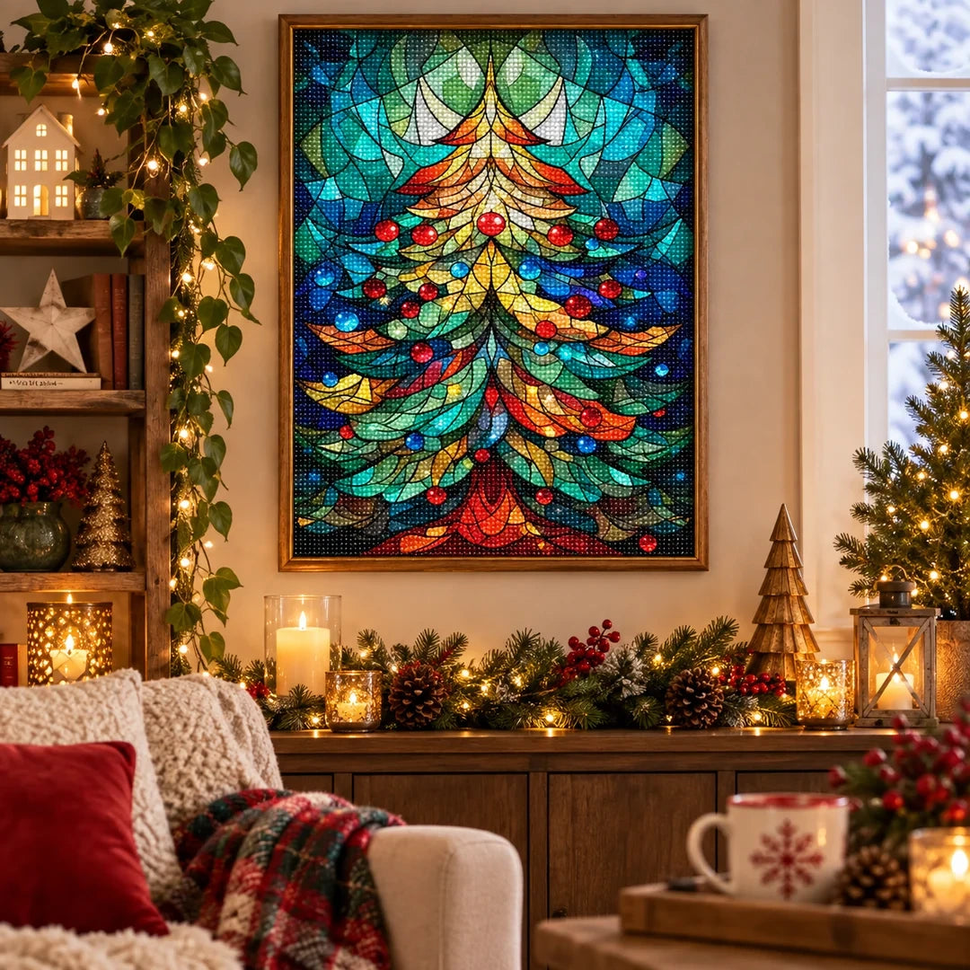 Stained Glass Christmas Tree Diamond Painting Kit scene