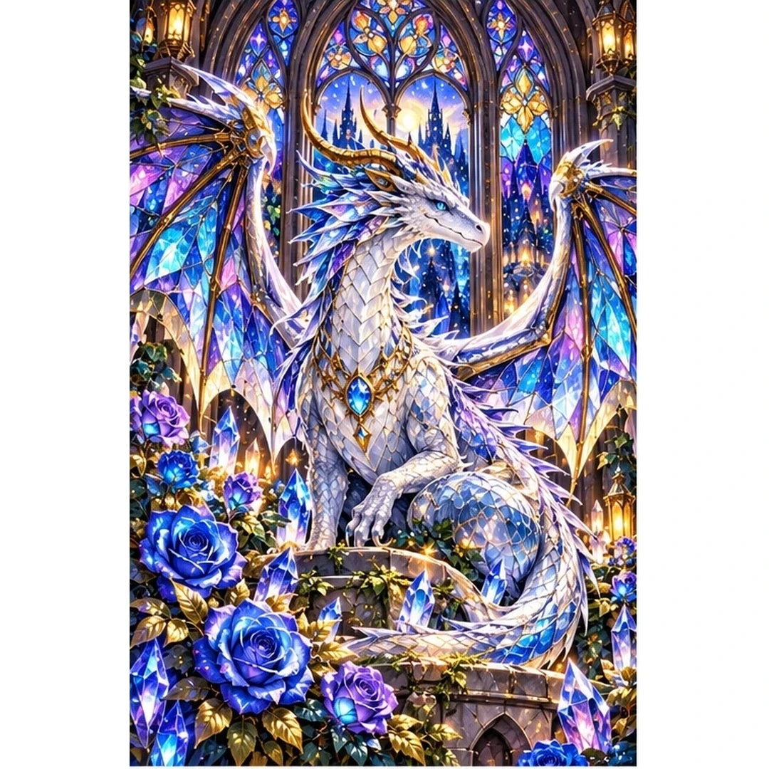 Stained Glass Dragon Crystal Roses — original artwork on a clean white background