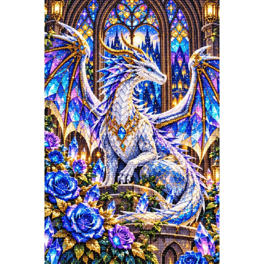 Stained Glass Dragon Crystal Roses — finished diamond painting on a white background