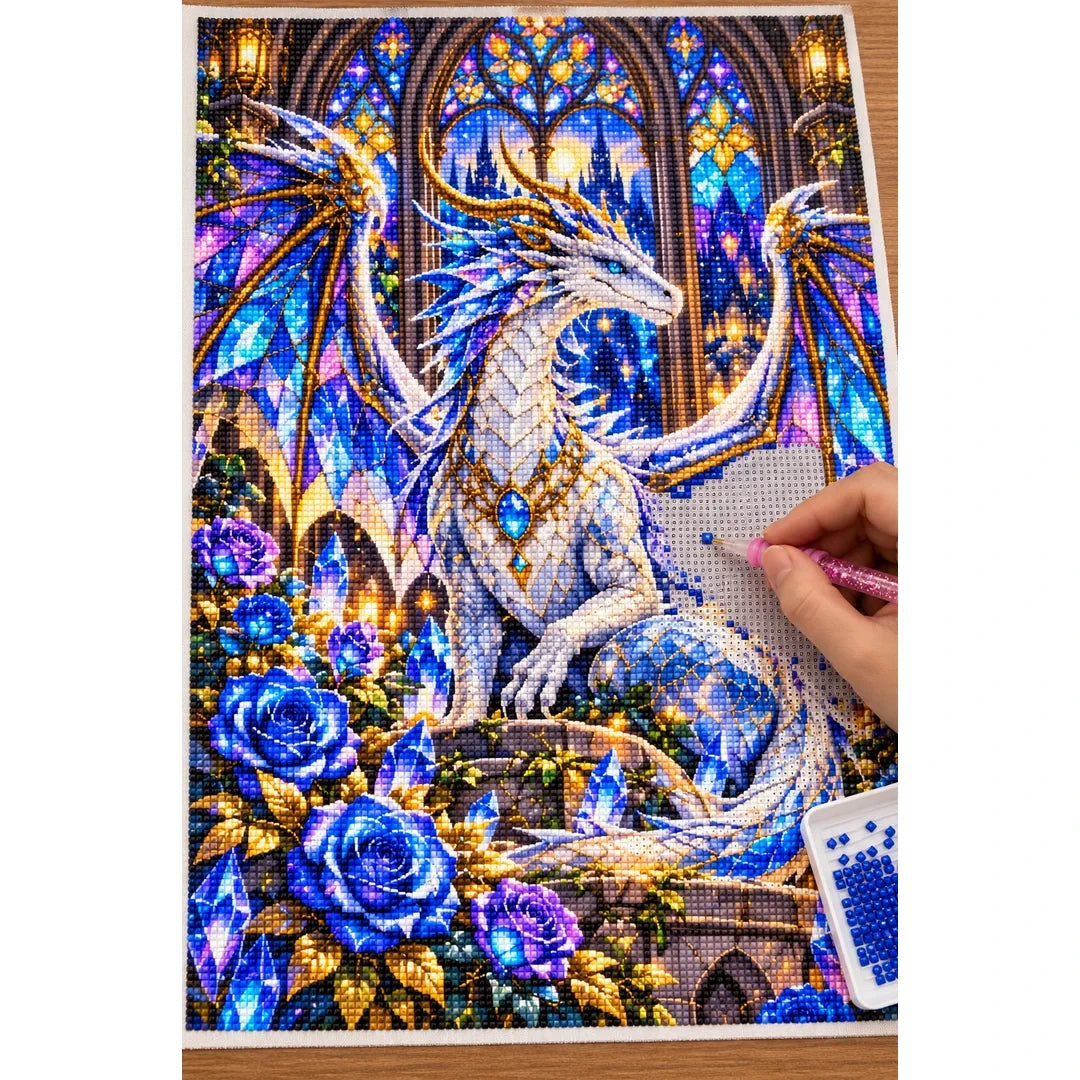 Stained Glass Dragon Crystal Roses — diamond painting process with applicator pen