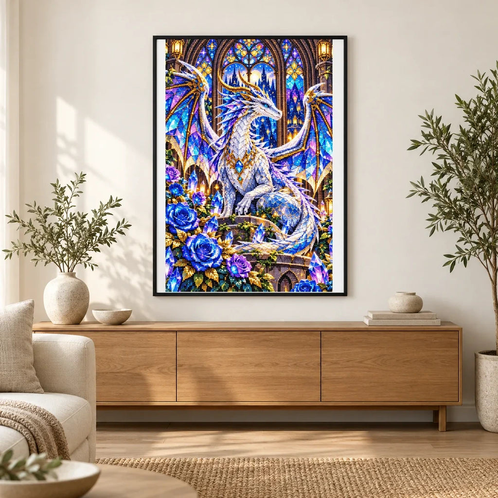 Stained Glass Dragon Crystal Roses — finished diamond painting displayed in a home interior