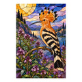 Original white-background artwork of an orange hoopoe above purple thyme flowers in stained glass