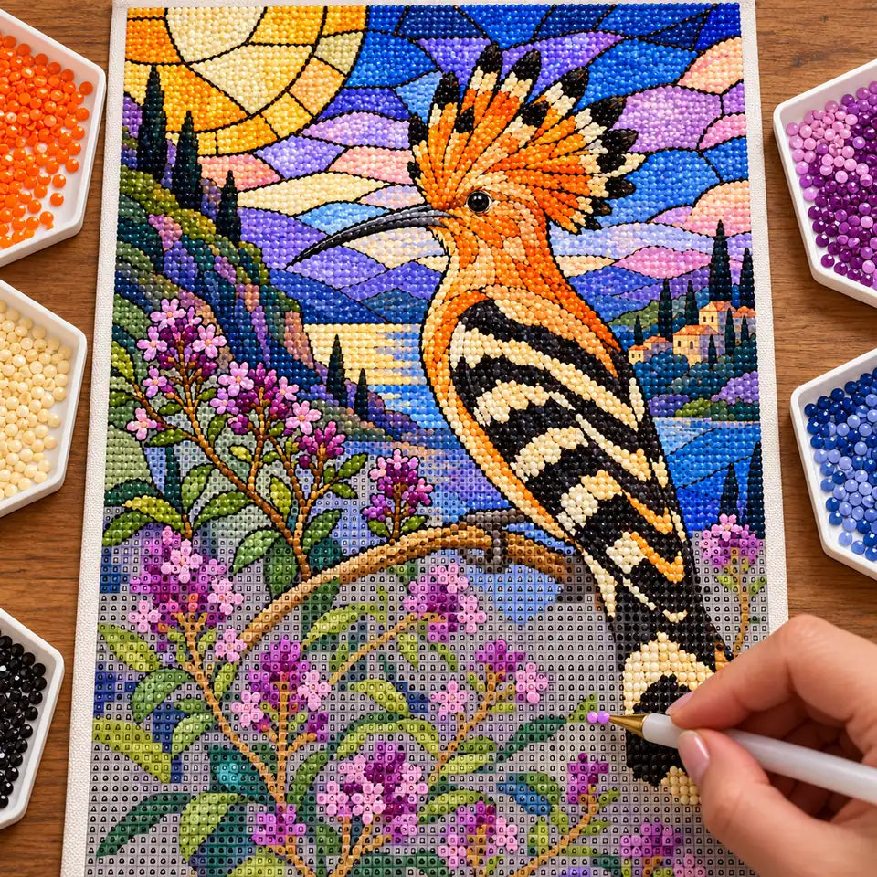 Hands placing drills on the stained glass hoopoe and thyme diamond painting