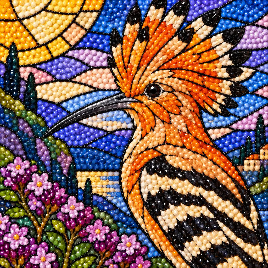 Close-up of diamond drills across the hoopoe feathers and purple thyme blossoms