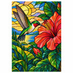 Finished white-background diamond painting of a hummingbird and hibiscus stained glass garden
