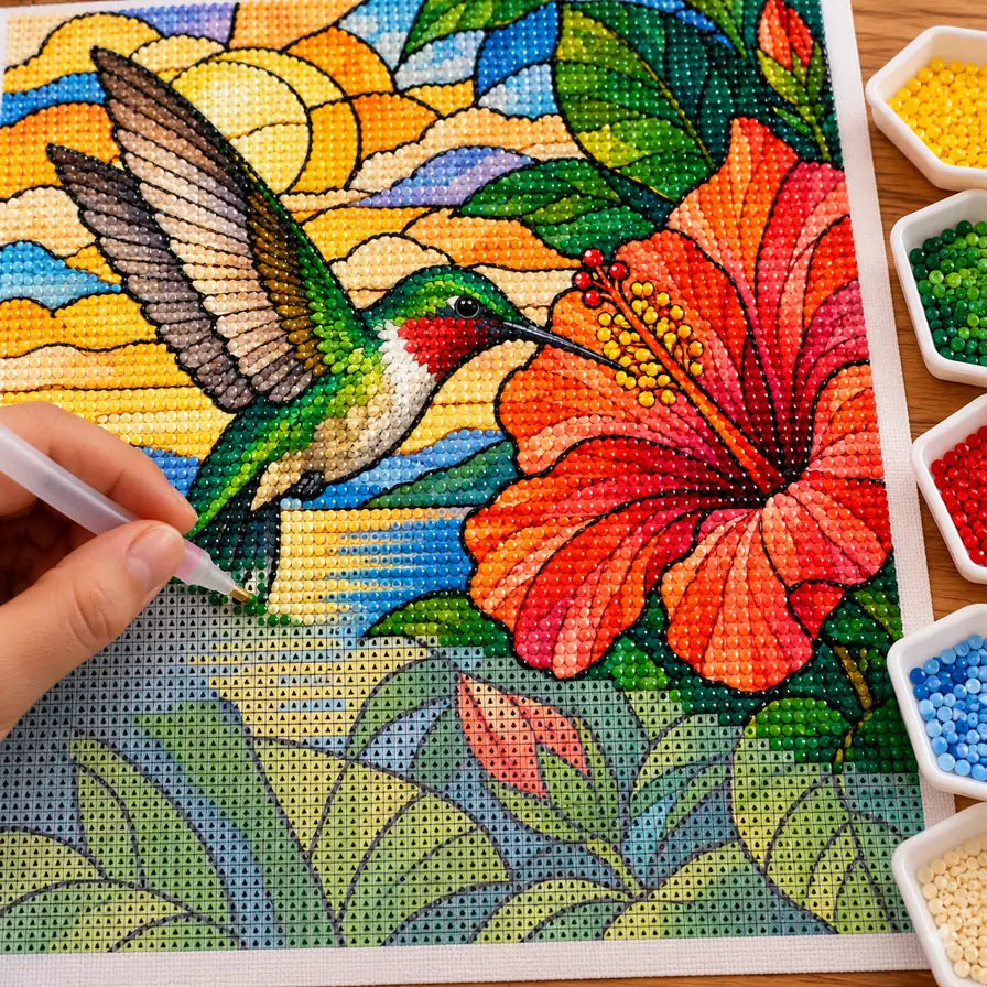 Hands placing drills on the stained glass hummingbird and hibiscus design