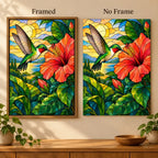 Framed and no-frame options for the hummingbird and hibiscus diamond painting