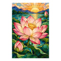 Original white-background artwork of a pink lotus above a mountain pond at sunrise in stained glass