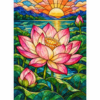 White-background finished diamond painting of a stained glass pink lotus pond at sunrise