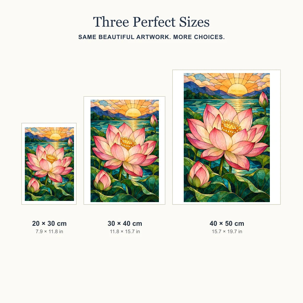 Stained glass lotus pond diamond painting shown in 20 by 30, 30 by 40, and 40 by 50 cm sizes