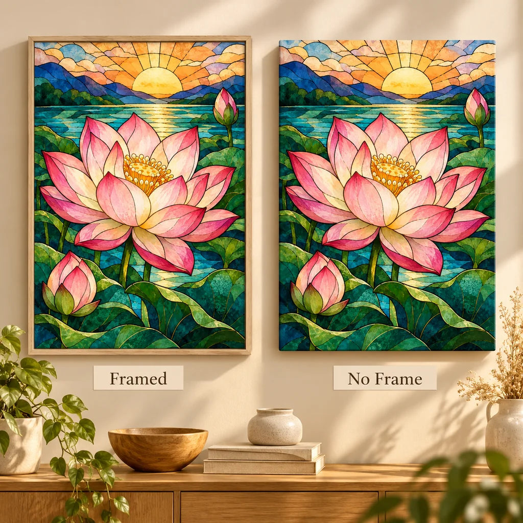 Framed and no-frame options for the stained glass lotus pond diamond painting