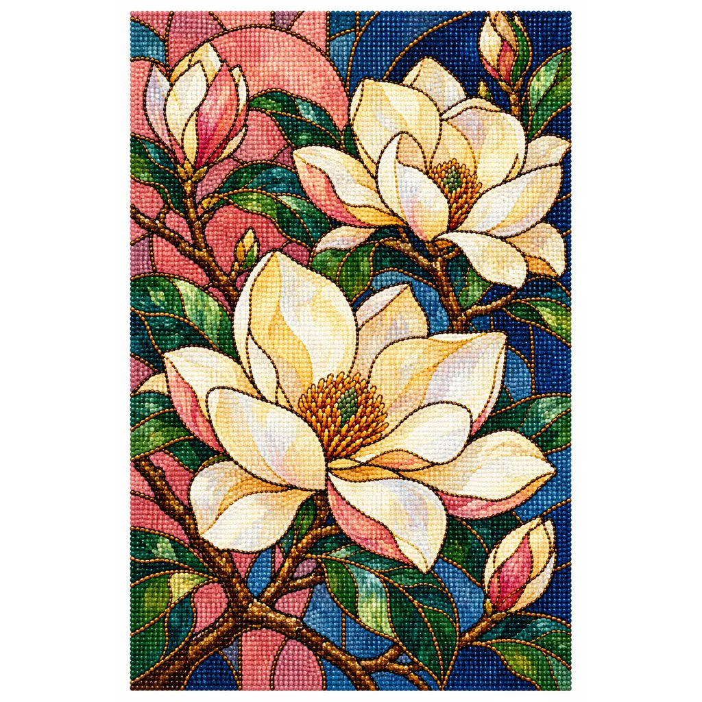 White-background finished diamond painting of cream magnolia blossoms in stained glass
