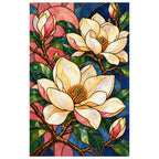 White-background finished diamond painting of cream magnolia blossoms in stained glass