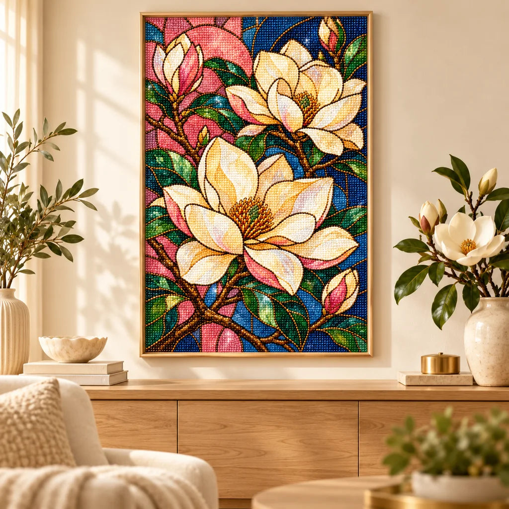Stained glass magnolia blossoms diamond painting displayed in a bright living room