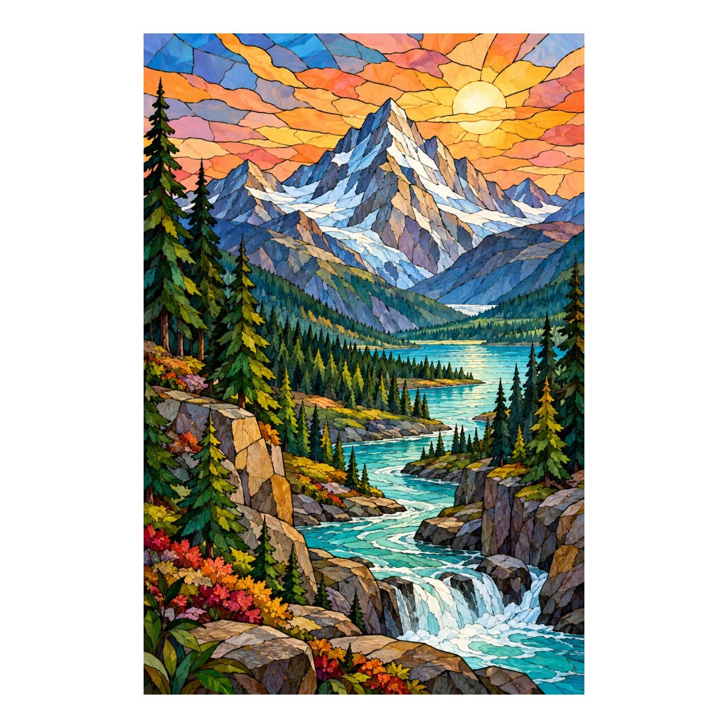 Original artwork of stained glass alpine mountains, evergreen slopes, and a winding river.