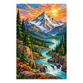 Original artwork of stained glass alpine mountains, evergreen slopes, and a winding river.