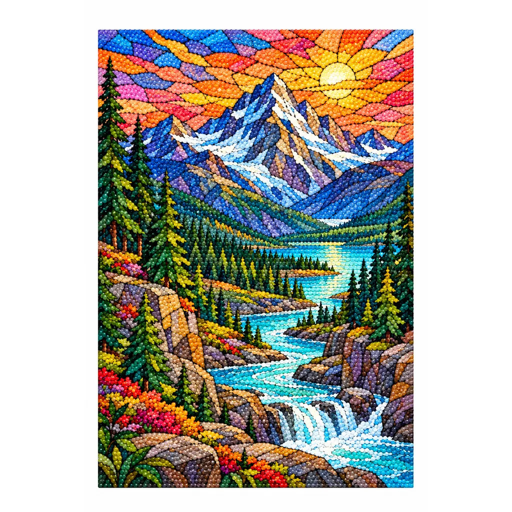Completed stained glass mountain river diamond painting.
