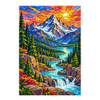 Completed stained glass mountain river diamond painting.