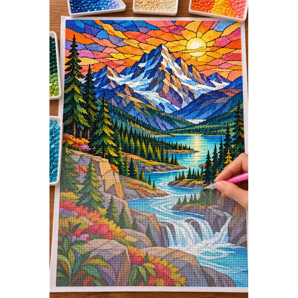 Hands placing drills on the stained glass mountain river canvas.