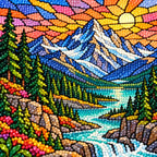 Close-up of diamond drills on the mountain peaks, trees, and river.