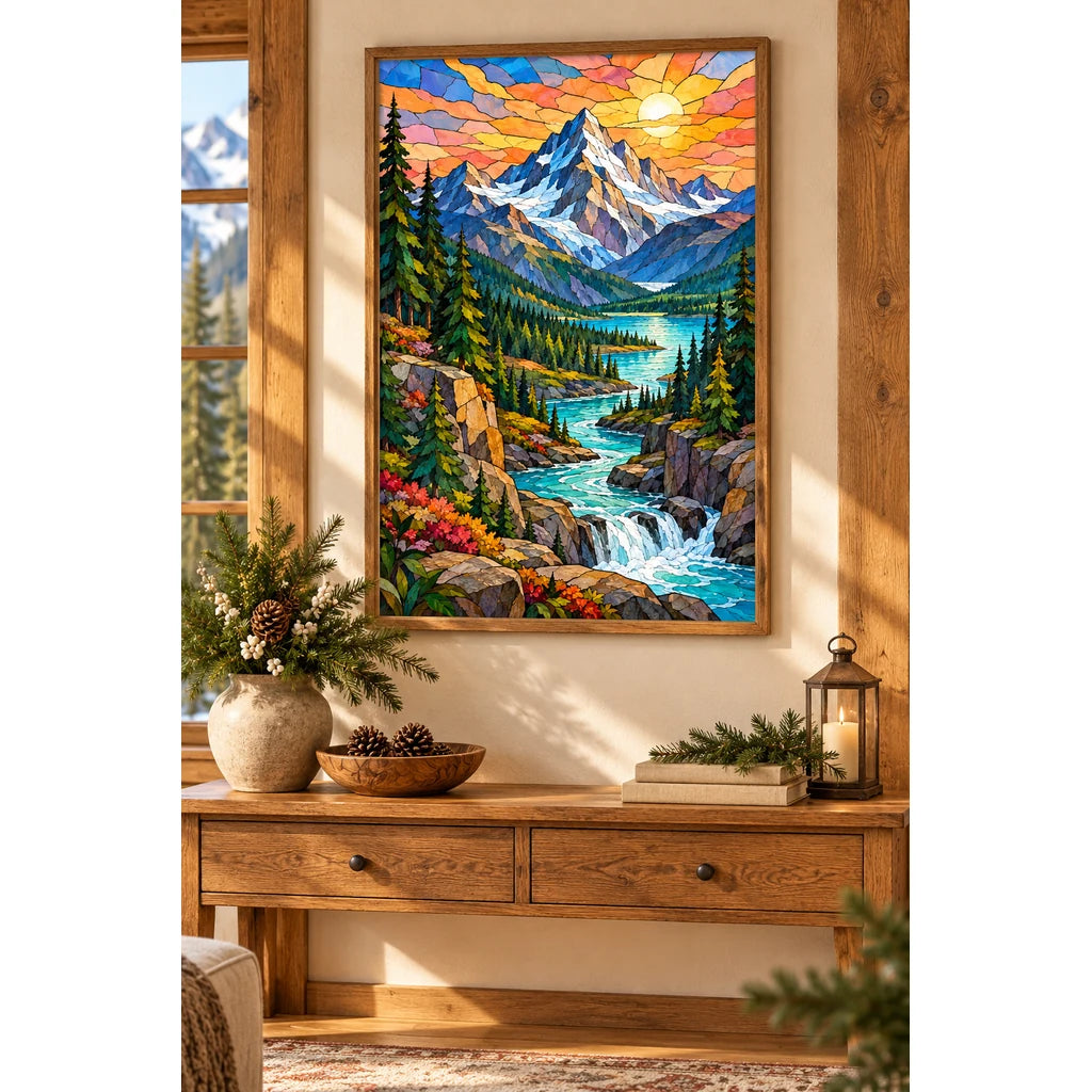 Framed mountain river diamond painting displayed in a home.