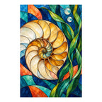 Original white-background artwork of a spiral nautilus shell among green seagrass in stained glass