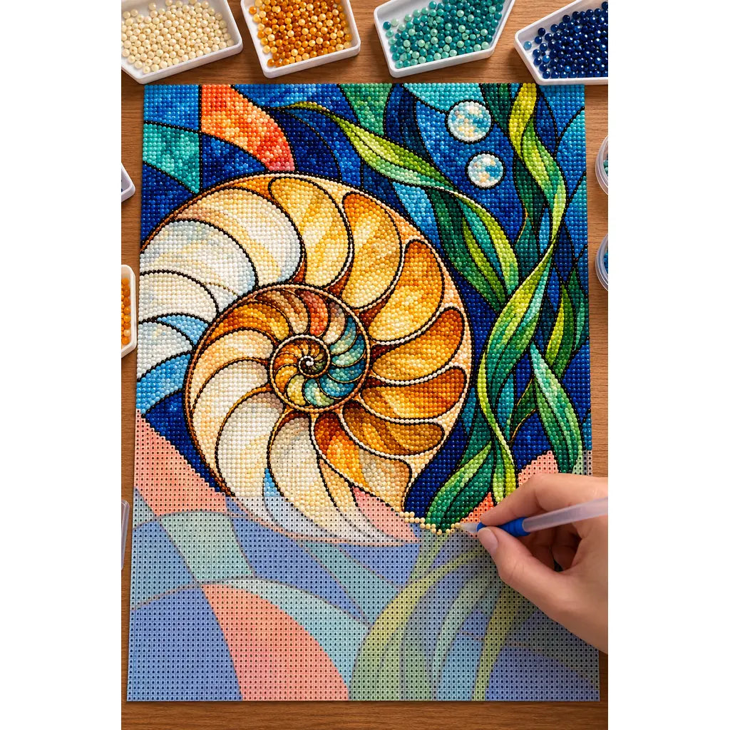 Hands placing drills on the stained glass nautilus shell diamond painting