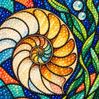 Close-up of diamond drills on the nautilus shell spiral and blue-green glass panels