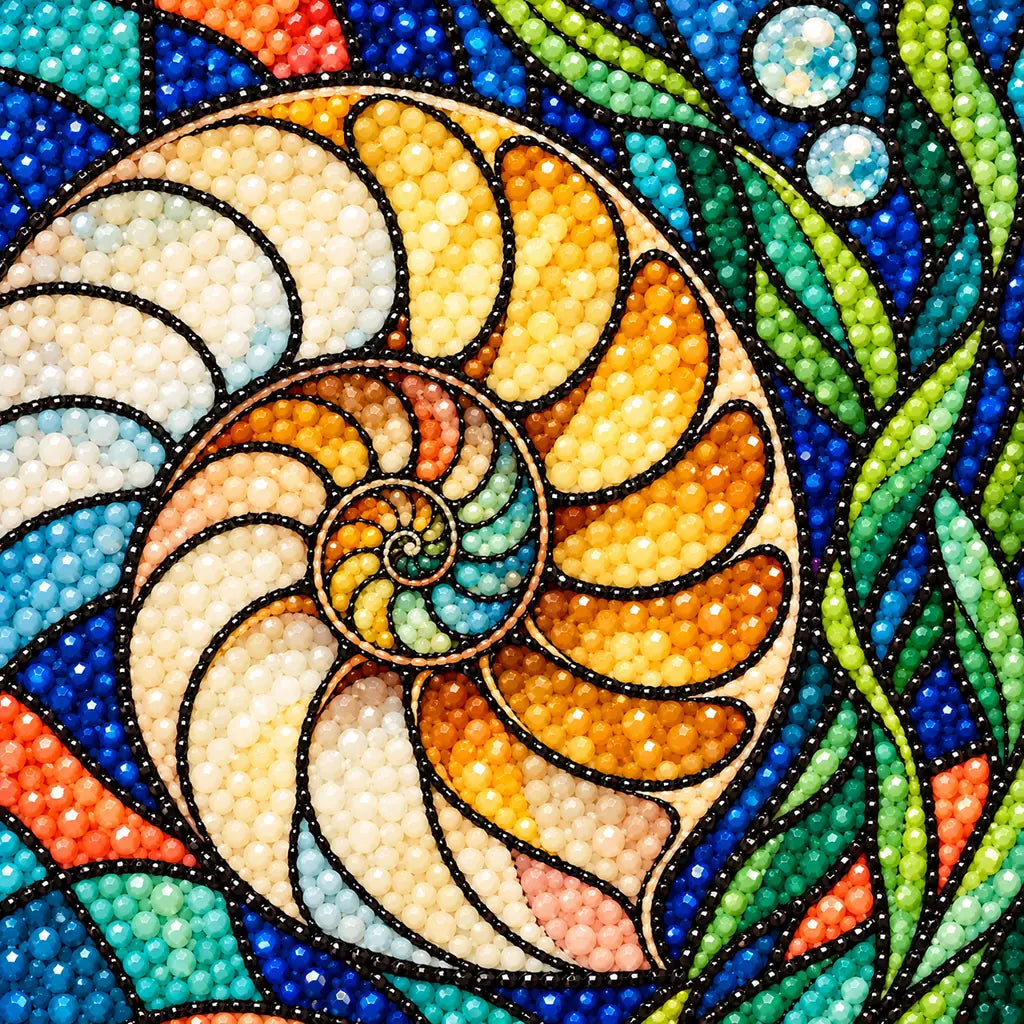 Close-up of diamond drills on the nautilus shell spiral and blue-green glass panels