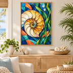 Stained glass nautilus shell diamond painting displayed in a coastal living room