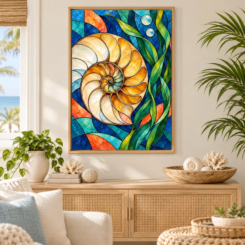 Stained glass nautilus shell diamond painting displayed in a coastal living room