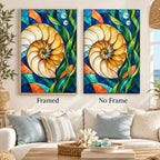 Framed and no-frame options for the stained glass nautilus shell diamond painting