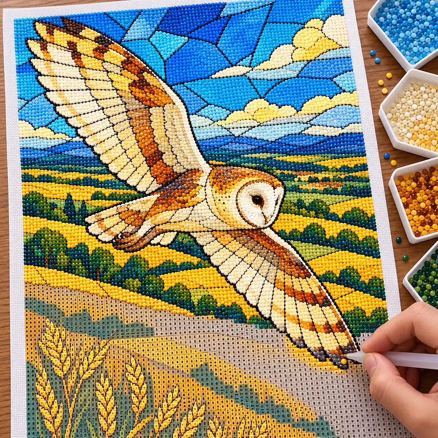 Hands placing drills on the owl and wheat field stained glass design