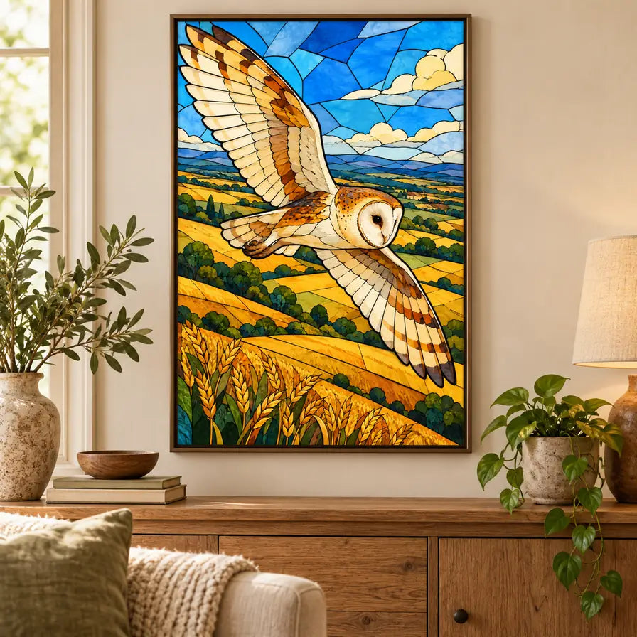 Barn owl over wheat fields diamond painting displayed in a home interior